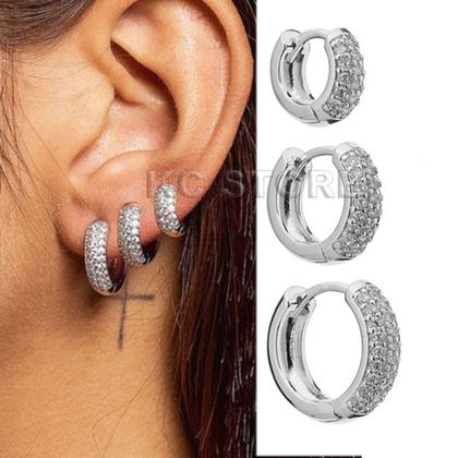 Imagem de Kit 3 pares Brinco Cravejada Trio Argola BANHADA A PRATA 925 2 Fileiras de Zircônia brincos argola