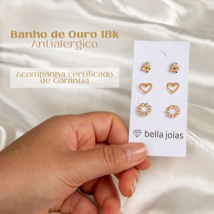 Imagem de Kit 3 Pares de Brincos Femininos Banhados Flor Bolinha Coração