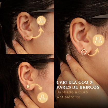 Imagem de Kit 3 Pares de Brincos Femininos Banhados Flor Bolinha Coração