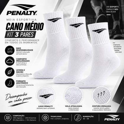 Imagem de Kit 3 Pares Meias Penalty Juvenil Esportivas Cano Médio X 33-38