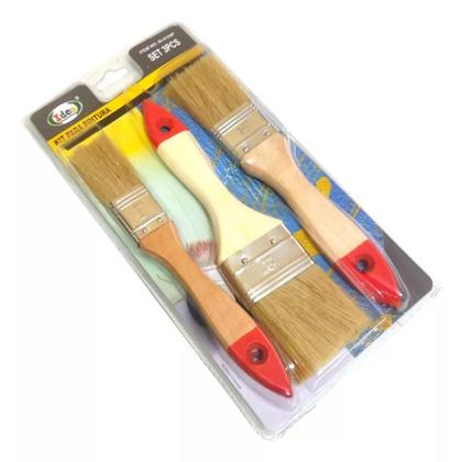 Imagem de Kit 3 Peça Trincha Pincel Para Pintura Cabo Madeira Multiuso