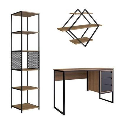 Imagem de Kit 3 Peças com Escrivaninha 3 Gavetas, Prateleira Aérea e Estante Livreiro Telad