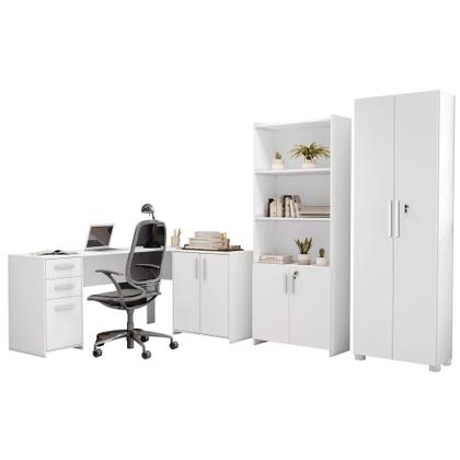 Imagem de Kit 3 Peças com Mesa para Escritório em L, Armário Multiuso Alto Aberto e Armário Fechado