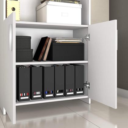 Imagem de Kit 3 Peças com Mesa para Escritório em L, Armário Multiuso Alto Aberto e Armário Fechado