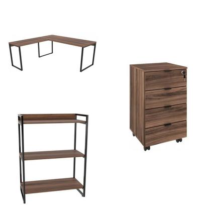 Imagem de Kit 3 Peças com Mesa para Escritório em L, Estante e Gaveteiro Espresso Móveis