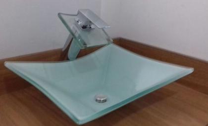 Imagem de Kit 3 Peças Cuba Vidro Branca 41cm + Torneira Mônaco + Válvula