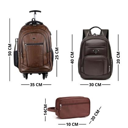 Imagem de Kit 3 Peças Mala De Viagem Couro Bolsa Mochila Trabalho Impermeável Masculino Feminino