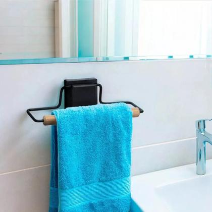 Imagem de Kit 3 Peças para Banheiro com Toalheiros e Porta Papel Higiênico Preto Com Bambu Moderno Fita 3m Luxo Arthi