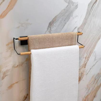 Imagem de Kit 3 Peças para Banheiro com Toalheiros e Porta Papel Higiênico Preto Com Bambu Moderno Fita 3m Luxo Arthi