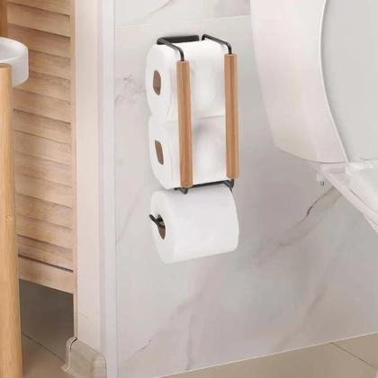 Imagem de Kit 3 Peças para Banheiro com Toalheiros e Porta Papel Higiênico Preto Com Bambu Moderno Fita 3m Luxo Arthi