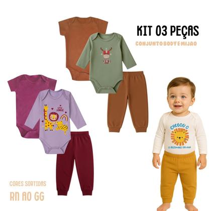 Imagem de Kit 3 peças Roupa Bebê Body e Mijão com punhos, menino e menina Suedine 100 algodão, Enxoval Atacado recém nascido, P M G e GG