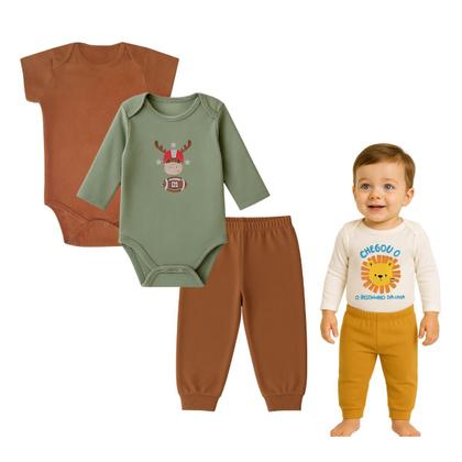 Imagem de Kit 3 peças Roupa Bebê Body e Mijão com punhos, menino e menina Suedine 100 algodão, Enxoval Atacado recém nascido, P M G e GG