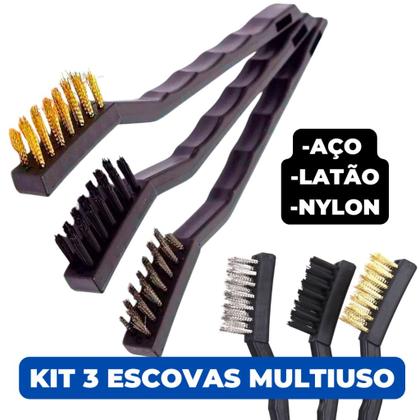 Imagem de Kit 3 Peças Super Escovas Para Limpeza Multiuso em Aço Carbono Latão e Nylon com Cabo Plástico