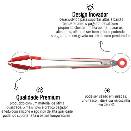 Imagem de KIT 3 Pegadores em Aço Inox e Silicone para Saladas Churrasco Utensílio Cozinha