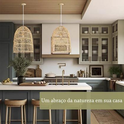 Imagem de Kit 3 Pendente Fibra Natural Rattan Artesanal Boho Mesa