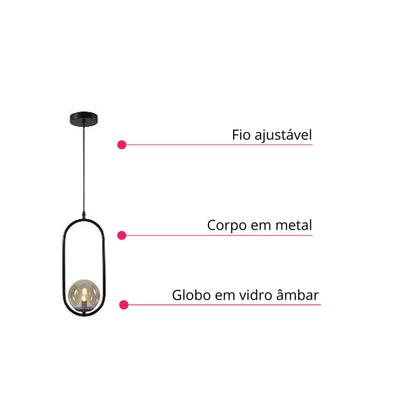 Imagem de Kit 3 Pendente Jabuticaba Luminária Preto globo Ambar inl79