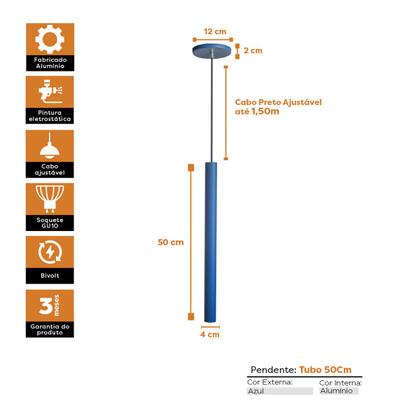 Imagem de Kit 3 Pendente Luminária Tubo Azul 50 Cm