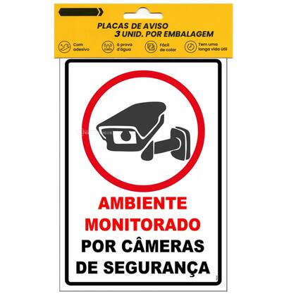 Imagem de Kit 3 Placa Aviso ''Ambiente Monitorado Por Câmeras de Segurança'' 30x20cm com Adesivo BOM7522