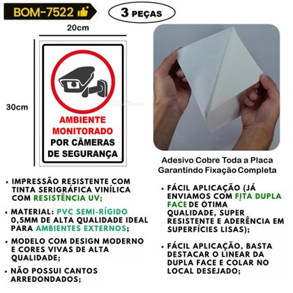 Imagem de Kit 3 Placa Aviso ''Ambiente Monitorado Por Câmeras de Segurança'' 30x20cm com Adesivo BOM7522