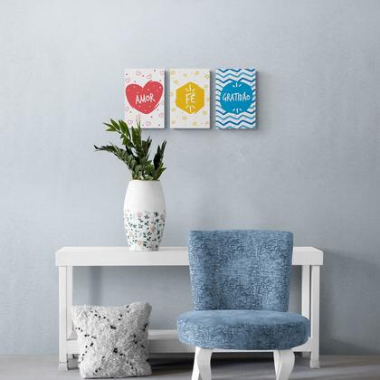 Imagem de Kit 3 Placa Decorativa Quadro Amor Fé Gratidão Coração Estrela Chevron Azul Amarelo Vermelho