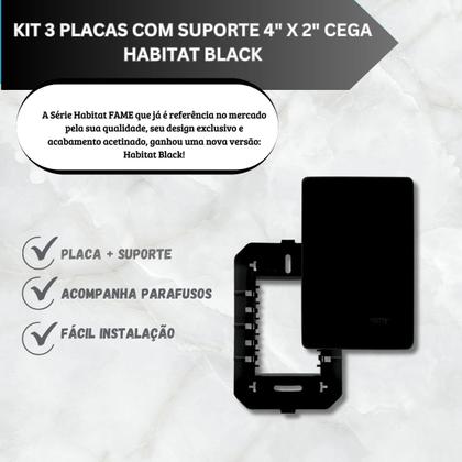 Imagem de Kit 3 Placas Cega Com Suporte 4x2 Habitat Black Fame 4068