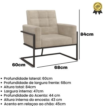 Imagem de kit 3 Poltronas Base de metal para Sala de Estar Manicure Decorativa Cadeira Estofada Resistente Escritório Recepção