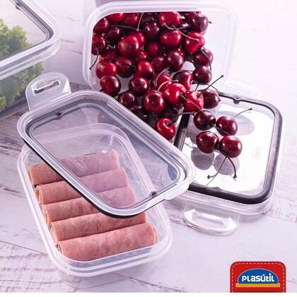 Imagem de Kit 3 Porta Frios Potes Hermético Com Travas Cesto Escorredor 500ml 1,2 L e 4 L Alimentos Frutas Vegetais