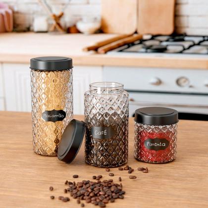 Imagem de Kit 3 Porta Mantimentos de Vidro Pote com Tampa Preta Wolff 2100ml