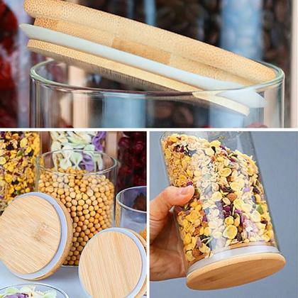Imagem de Kit 3 Pote de Vidro 1 Litro Hermetico para Condimentos e Especiarias Porta Temperos com Tampa de Bambu