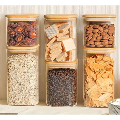 Imagem de Kit 3 Pote de Vidro com Tampa de Bambu Hermético Porta Mantimentos Organizador 550ml 12cm Quadrado Em Casa Tem