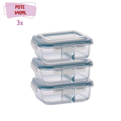 Imagem de Kit 3 Pote de Vidro Hermético Com Divisoria 640ml Marmita