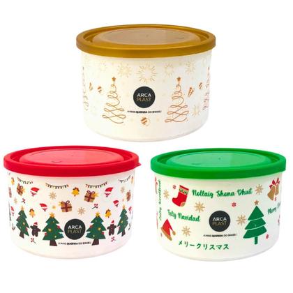 Imagem de Kit 3 Pote Organizador Porta Alimentos Redondo Branco Decorado com Tampa Natalino Boas Festas Ano Novo Decoração