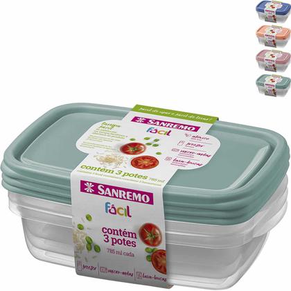 Imagem de Kit 3 Pote Sanremo Retangular 785ml Marmita Vai Freezer Microondas Congelar Alimentos Vasilha Plástica BPA Free