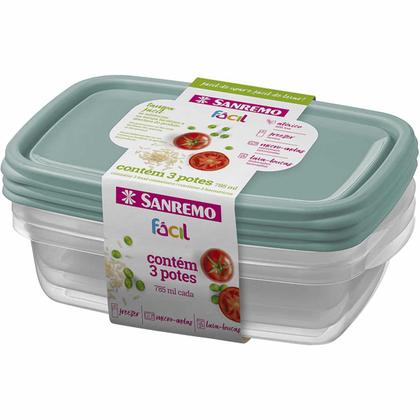 Imagem de Kit 3 Pote Sanremo Retangular 785ml Marmita Vai Freezer Microondas Congelar Alimentos Vasilha Plástica BPA Free