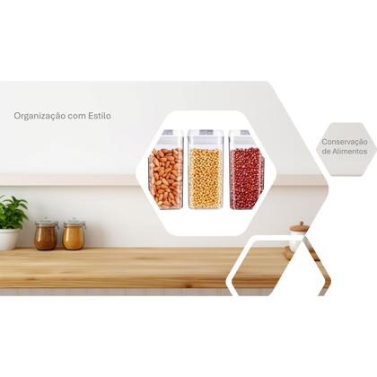 Imagem de Kit 3 Potes 1200ml/Cada Tampa Fechamento Hermético e Trava. Transparente facilita visualizar o conteúdo. Resistente