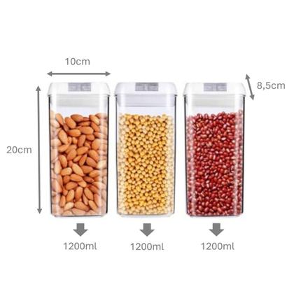 Imagem de Kit 3 Potes 1200ml/Cada Tampa Fechamento Hermético e Trava. Transparente facilita visualizar o conteúdo. Resistente