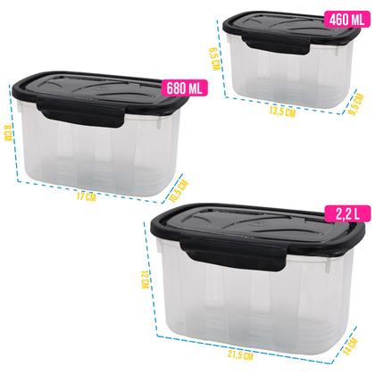 Imagem de Kit 3 Potes 460/850/2200ml C/ Trava P/ Marmita Reutilizável Fitness Microondas/Freezer
