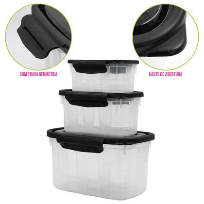 Imagem de Kit 3 Potes 460/850/2200ml C/ Trava P/ Marmita Reutilizável Fitness Microondas/Freezer