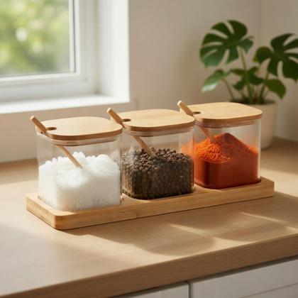 Imagem de Kit 3 Potes 500ml Suporte Temperos Condimentos Vidro Bambu Bege