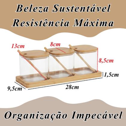 Imagem de Kit 3 Potes 500ml Suporte Temperos Condimentos Vidro Bambu Bege