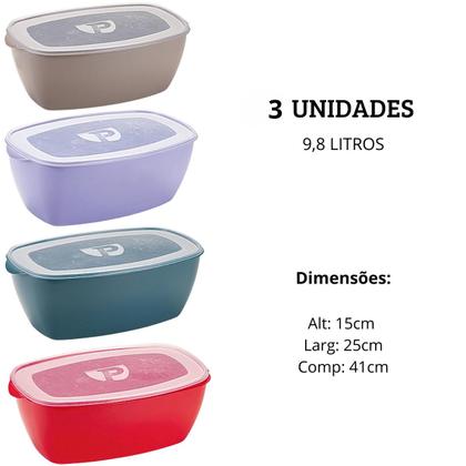 Imagem de Kit 3 potes 9,8L retangular, Kit Potes para Cozinha, Jogo de Vasilhas Plástico