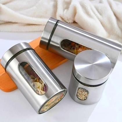 Imagem de Kit 3 Potes Com Tampa Para Alimentos Vidro E Aço Inoxidável