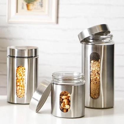 Imagem de Kit 3 Potes Com Tampa Para Alimentos Vidro E Aço Inoxidável