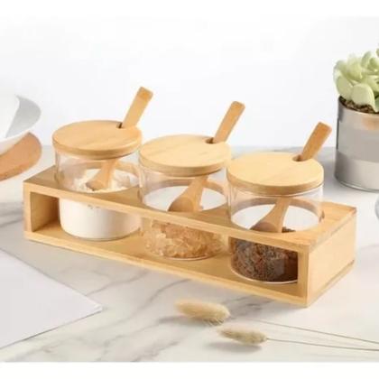 Imagem de Kit 3 Potes Condimento Porta Temperos de Vidro 300ml Com Base, Tampa e Colher de Bambu