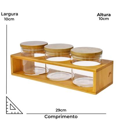 Imagem de Kit 3 Potes Condimento Porta Temperos de Vidro 300ml Com Base, Tampa e Colher de Bambu