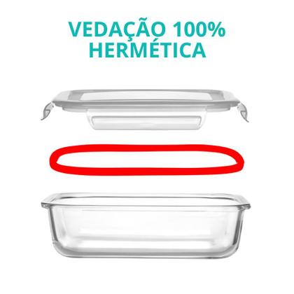 Imagem de Kit 3 Potes de Vidro 1430ml Divisória Hermético Marmita Fit Quadrada Com Trava