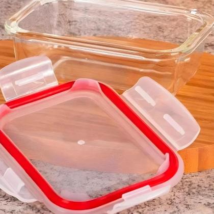 Imagem de Kit 3 Potes de Vidro 1430ml Divisória Hermético Marmita Fit Quadrada Com Trava