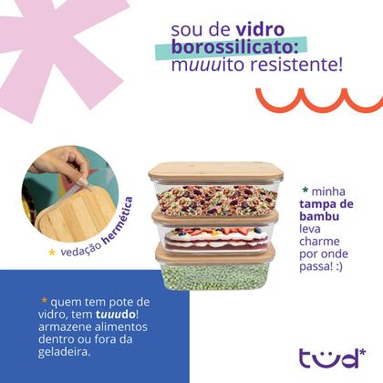 Imagem de kit 3 potes de vidro 1L com tampa de bambu hermético marmita retangulares - Tud