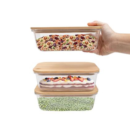 Imagem de kit 3 potes de vidro 1L com tampa de bambu hermético marmita retangulares - Tud