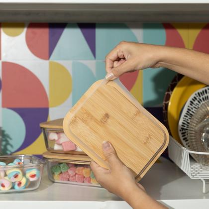 Imagem de kit 3 potes de vidro 1L com tampa de bambu hermético marmita retangulares - Tud